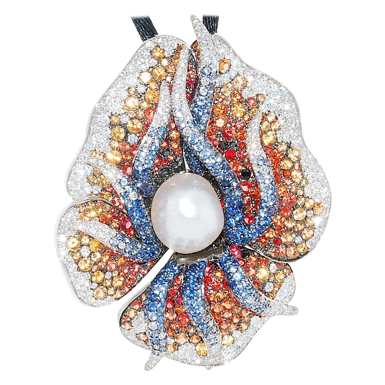 Maggioro, 18 Karat White Gold Multi-Color Sapphire, Diamond and Pearl Pendant For Sale