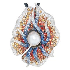 Maggioro, 18 Karat White Gold Multi-Color Sapphire, Diamond and Pearl Pendant