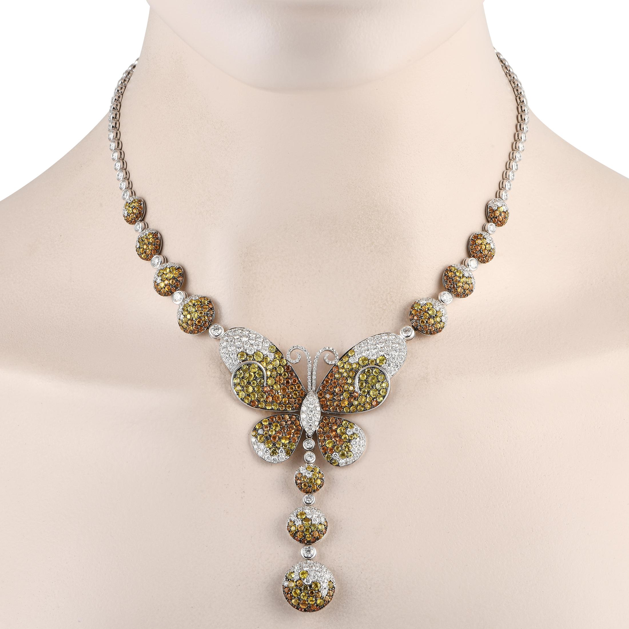 This necklace from Maggioro's Flight of Fantasy Collection is feminine and lovely. It is made of 18K white gold and boasts a design that features a gorgeous butterfly motif with spherical accents. All of which are set with 10.85 carats of diamonds
