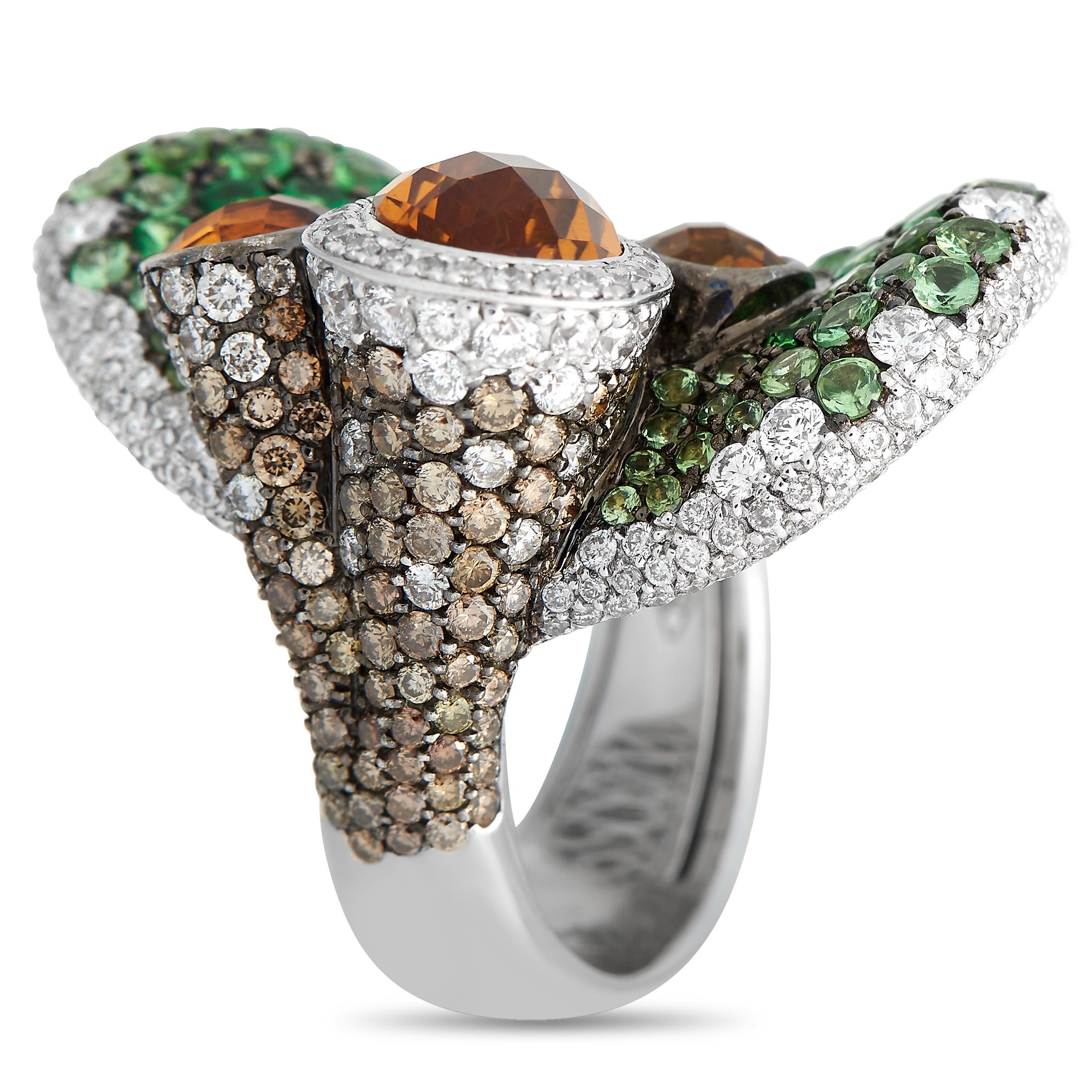 This ring from Maggioro's Rhapsody Collection is luxurious and unique. It is made of 18K white gold and features a design that features 0.97 carats of brown diamonds, and 2.12 carats of white diamonds. Lastly, the ring features 3.71 carats of