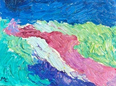 Paysage à l'huile impressionniste français aux couleurs vives et colorées, avec vert et rose