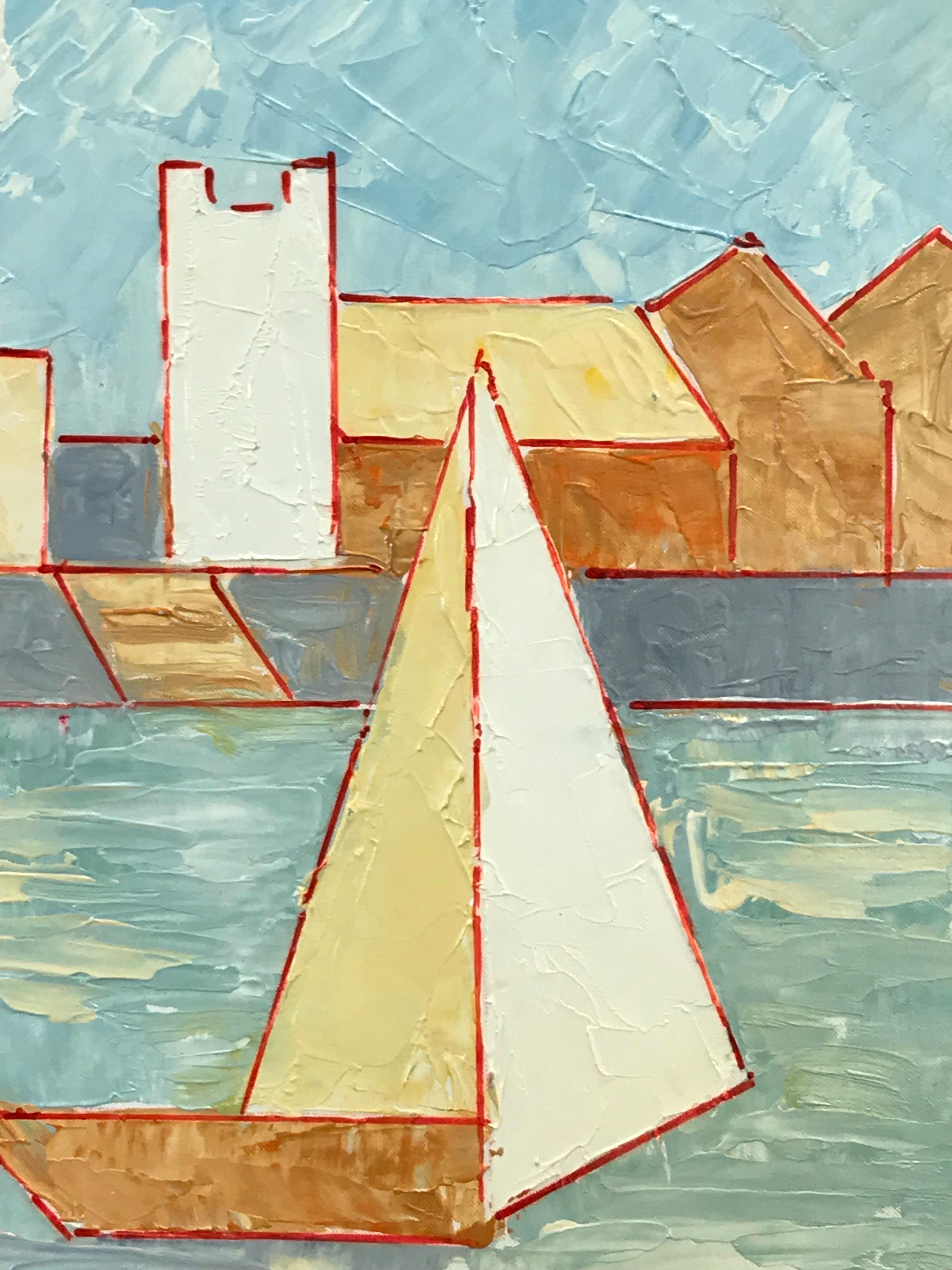 Colori tenui e lunatici Pittura a olio cubista Barca a vela nel porto - Painting di Maggy Clarysse