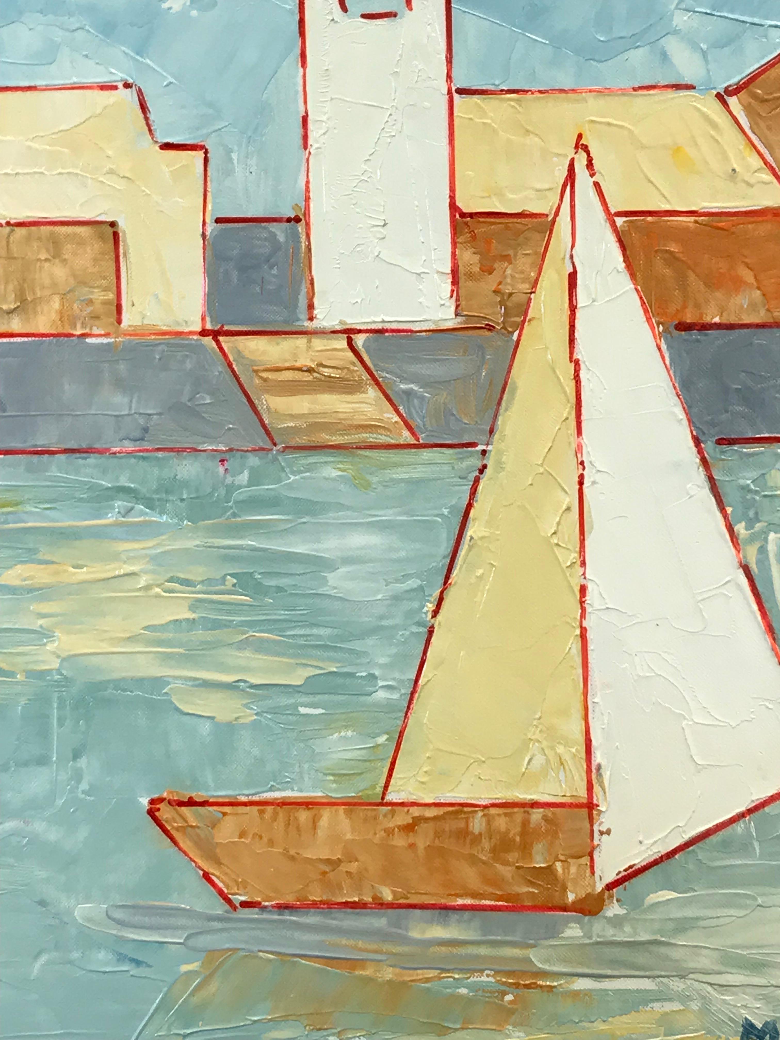 Soft Moody Colors Cubist Oil Painting Sailing Boat in Harbor - Gray Landscape Painting by Maggy Clarysse