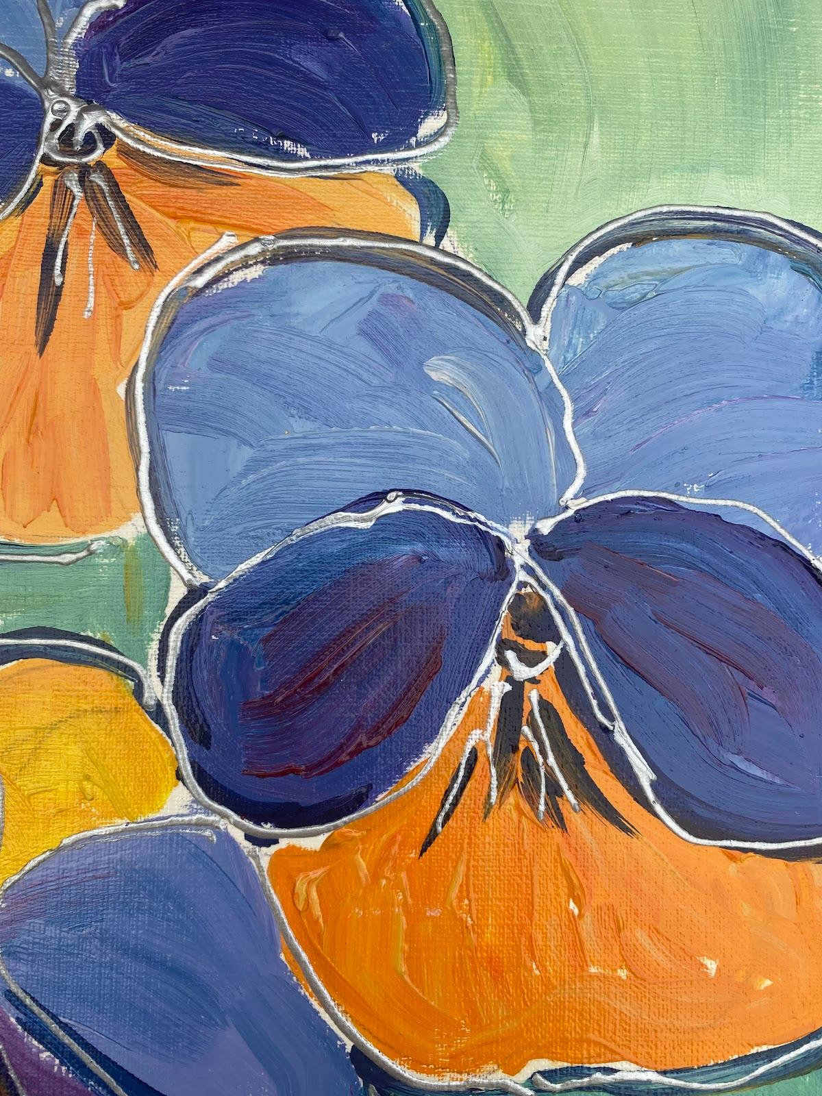 Pittura ad olio impressionista francese luminosa e colorata con mazzo di viole del pensiero - Painting di Maggy Clarysse