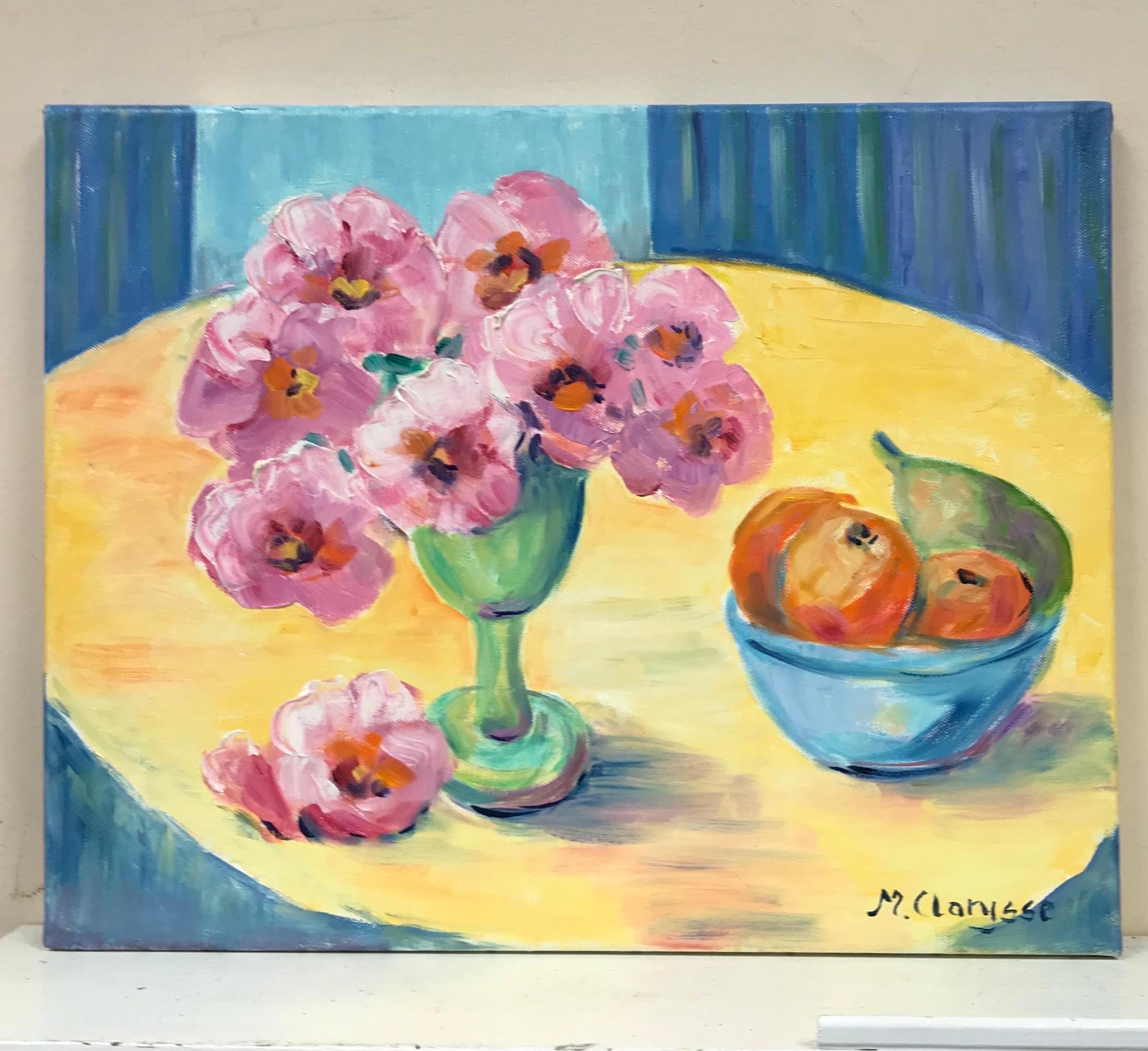 Peinture à l'huile impressionniste française aux couleurs vives et colorées - Fleurs et fruits - Painting de Maggy Clarysse