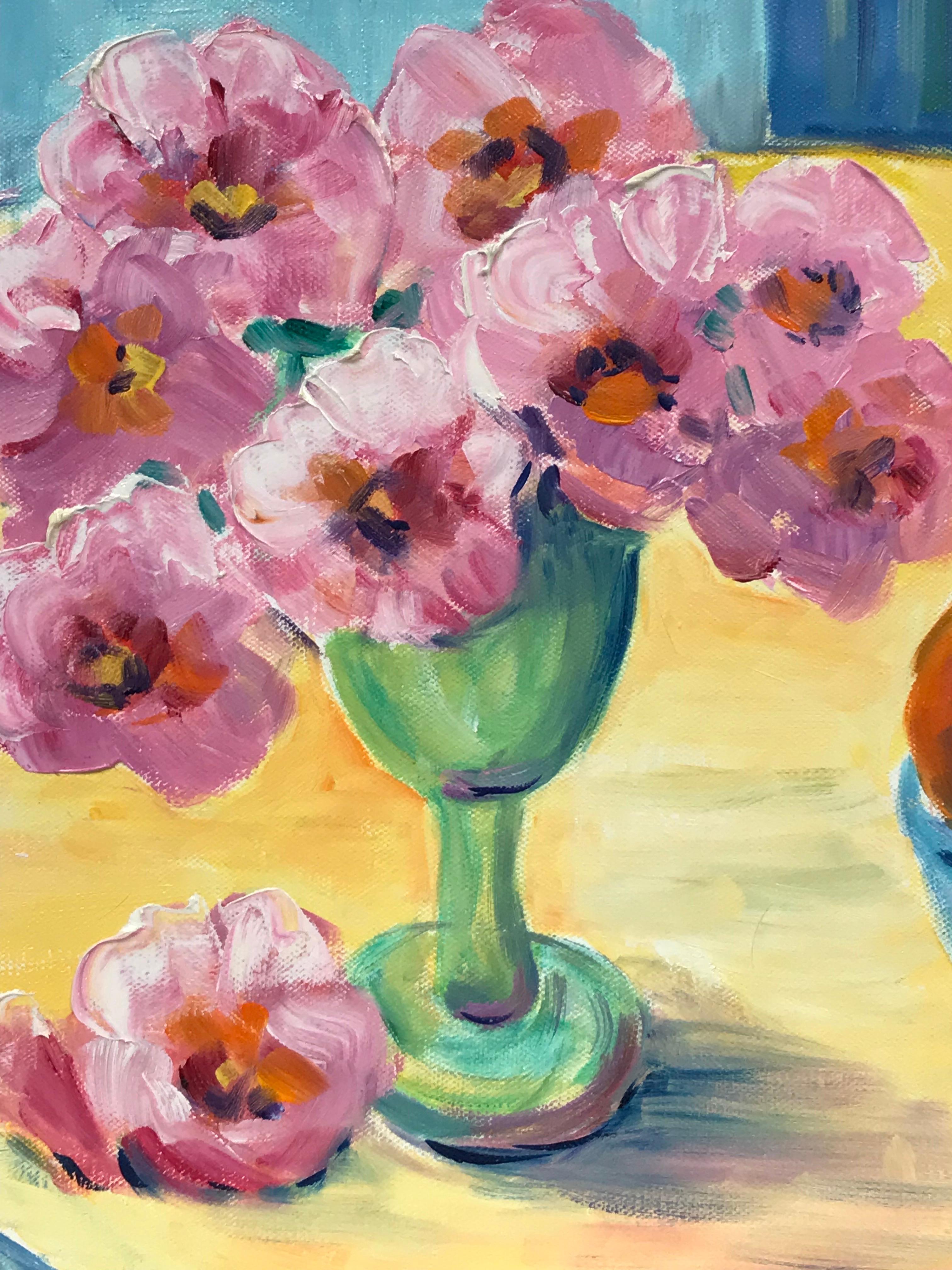 Peinture à l'huile impressionniste française aux couleurs vives et colorées - Fleurs et fruits - Beige Landscape Painting par Maggy Clarysse