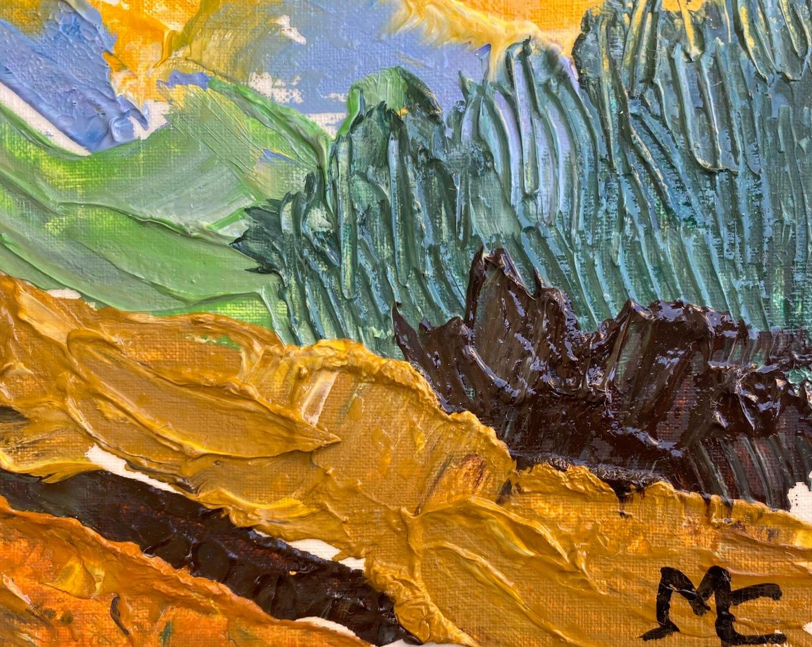 Leuchtend und farbenfrohes französisches impressionistisches Ölgemälde mit Laub und gelben Bergen – Painting von Maggy Clarysse