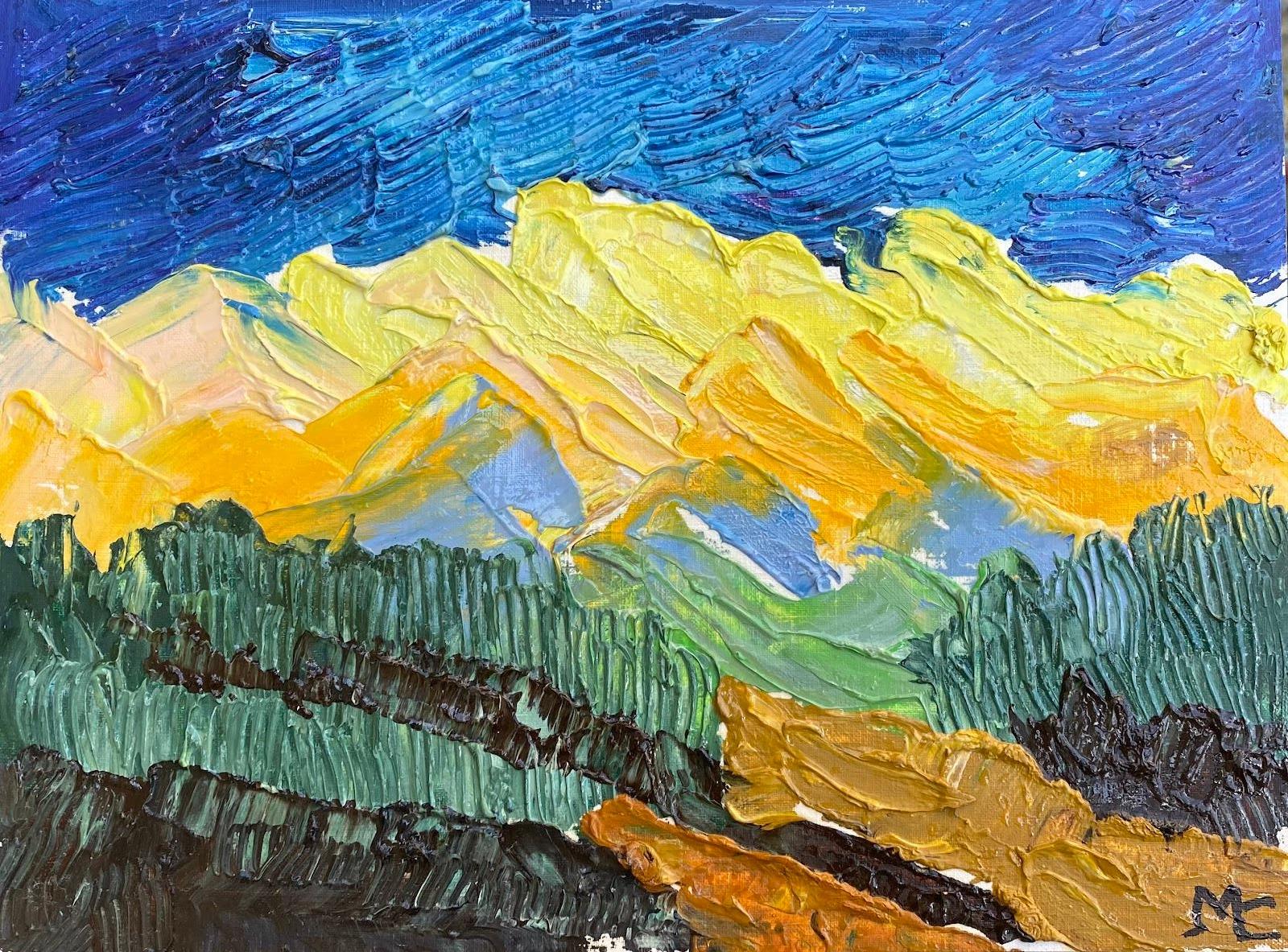 Maggy Clarysse Abstract Painting – Leuchtend und farbenfrohes französisches impressionistisches Ölgemälde mit Laub und gelben Bergen