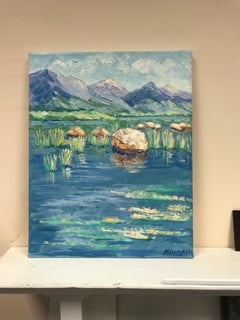 Bright & Colorful French Impressionist Oil Painting- lake to mountains