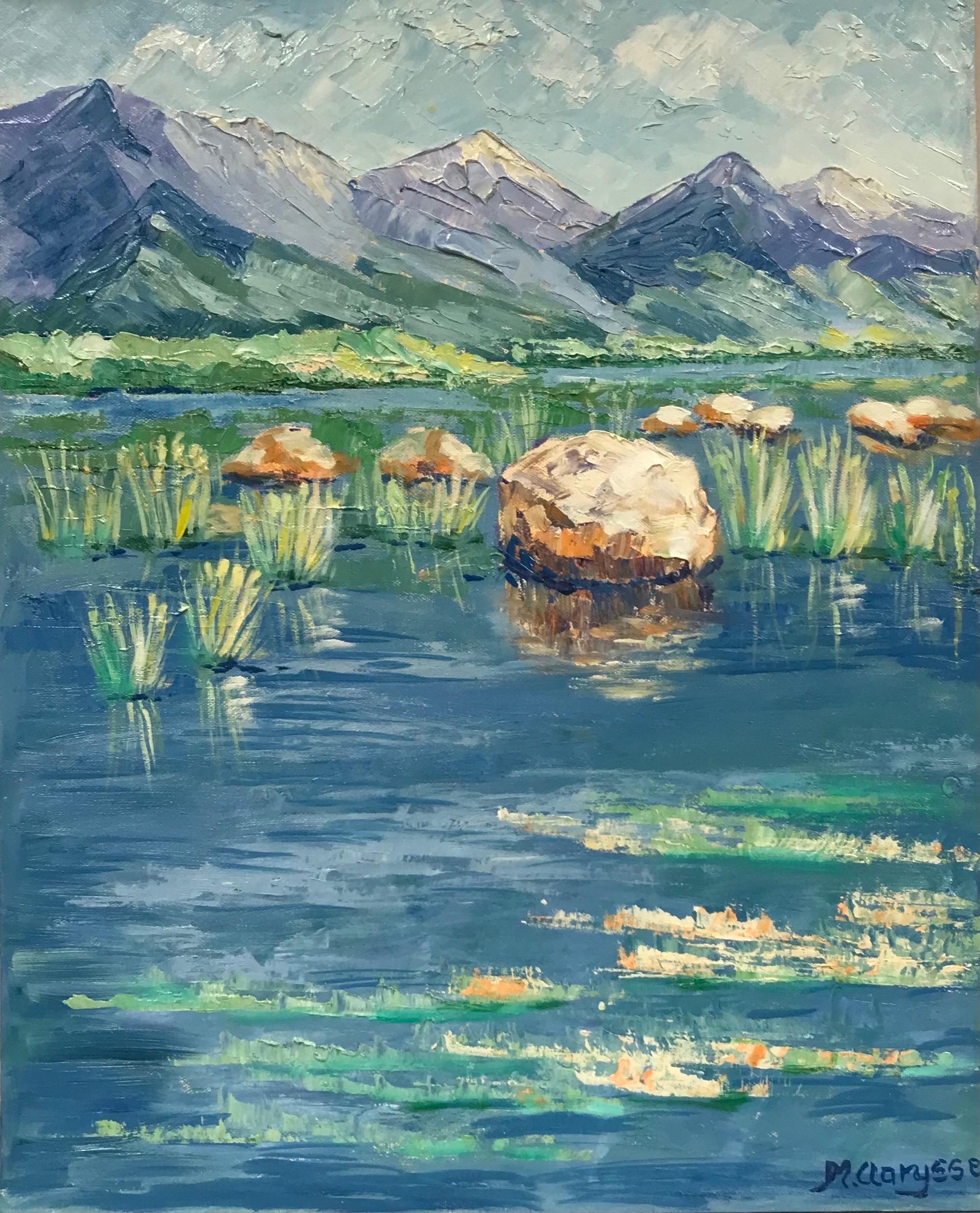 Maggy Clarysse Landscape Painting - Bright & Colorful French Impressionist Oil Painting- lake to mountains