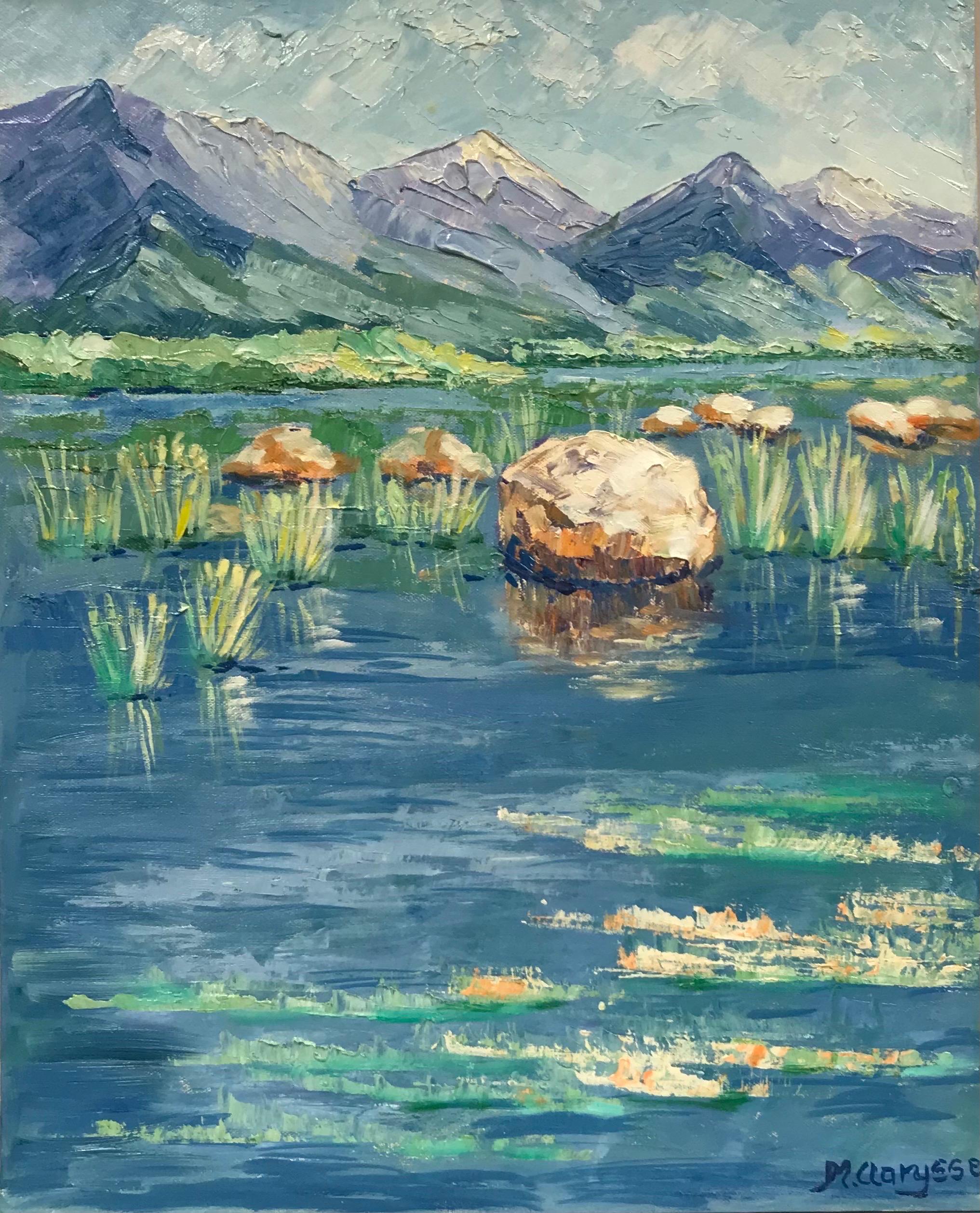 Bright & Colorful French Impressionist Oil Painting- lake to mountains