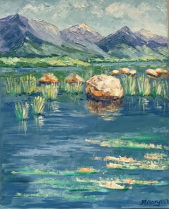 Peinture à l'huile impressionniste française aux couleurs vives et colorées - lac et montagnes