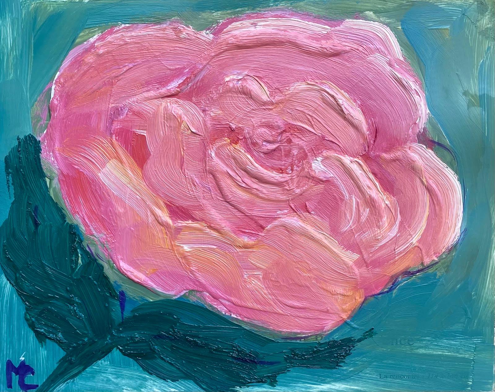 Bright & Colorful French Impressionist Oil Painting Layered Pink Rose  For Sale 1