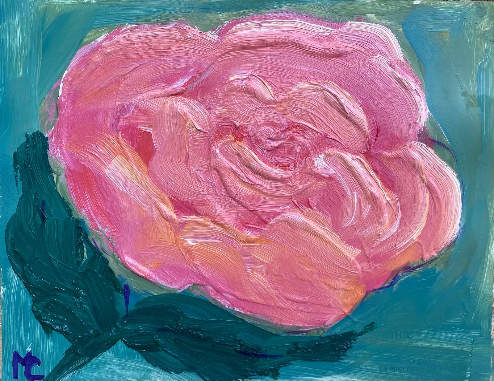 Maggy Clarysse Abstract Painting - Bright & Colorful French Impressionist Oil Painting Layered Pink Rose 