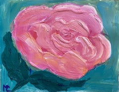 Ein leuchtendes und farbenfrohes französisches impressionistisches Ölgemälde mit mehrlagiger rosa Rose 