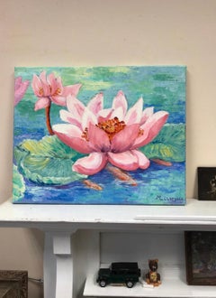 Bright & Colorful French Impressionist Oil Painting, Pink Lillies