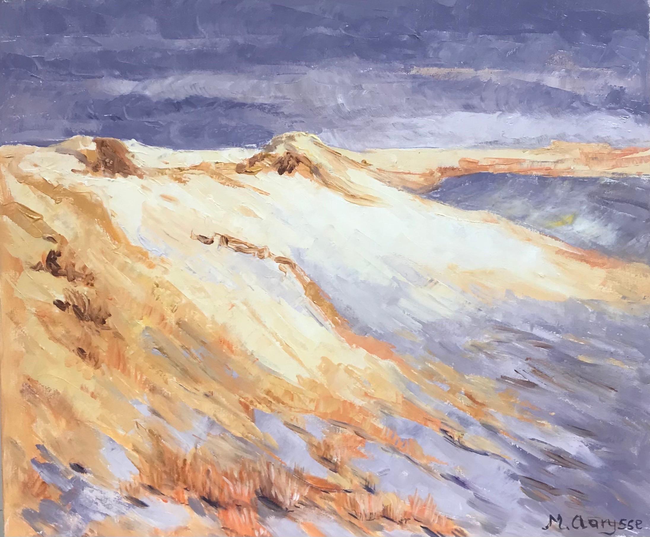 Peinture à l'huile impressionniste française lumineuse et colorée - ciel violet au-dessus de montagnes