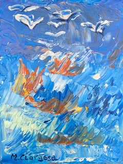 Peinture à l'huile impressionniste française aux couleurs vives - Paysage marin de mouettes