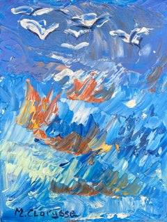 Luminoso e colorato dipinto a olio dell'impressionismo francese Gabbiani paesaggio marino