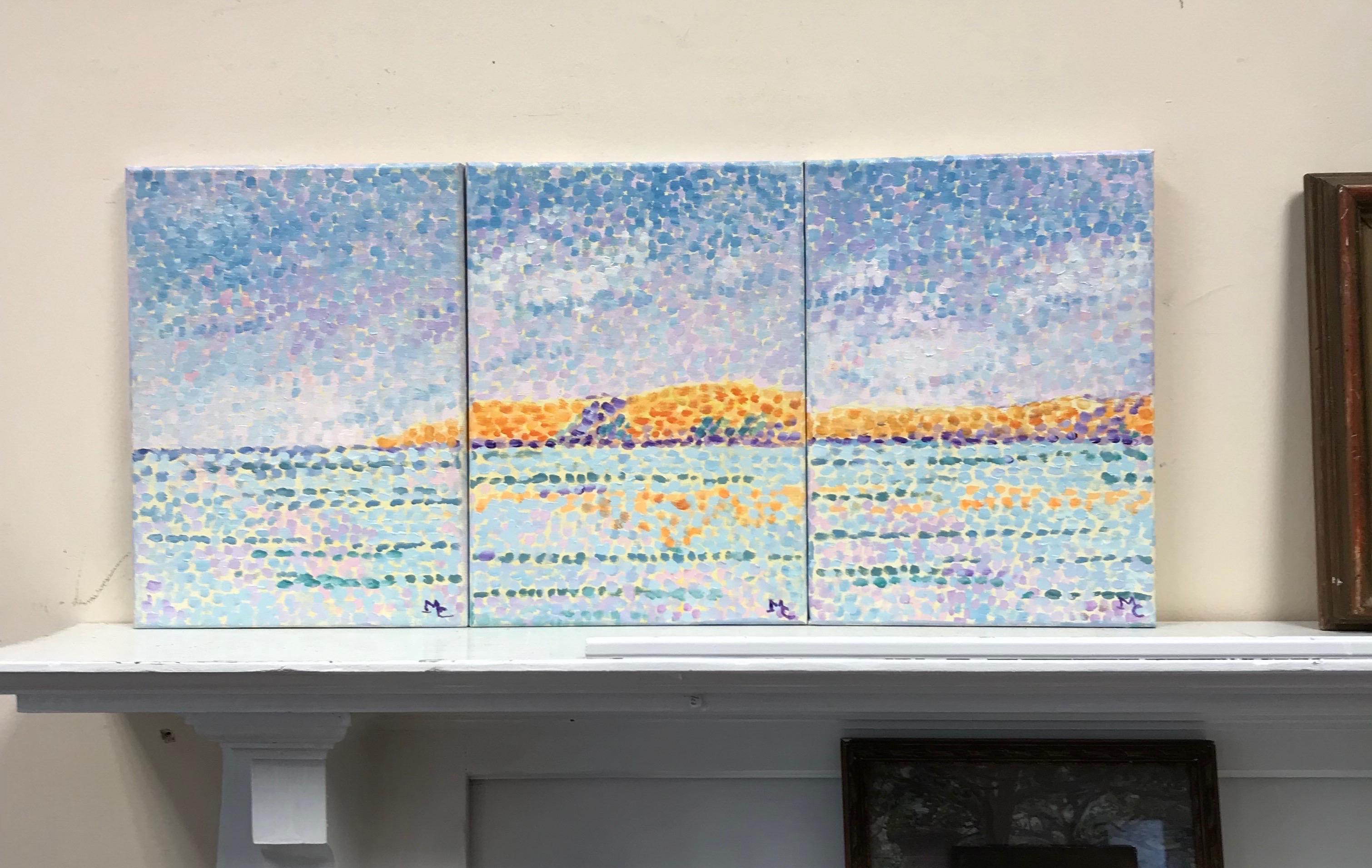 Peinture à l'huile impressionniste française aux couleurs vives et colorées - Ensemble de 3 paysages marins - Painting de Maggy Clarysse