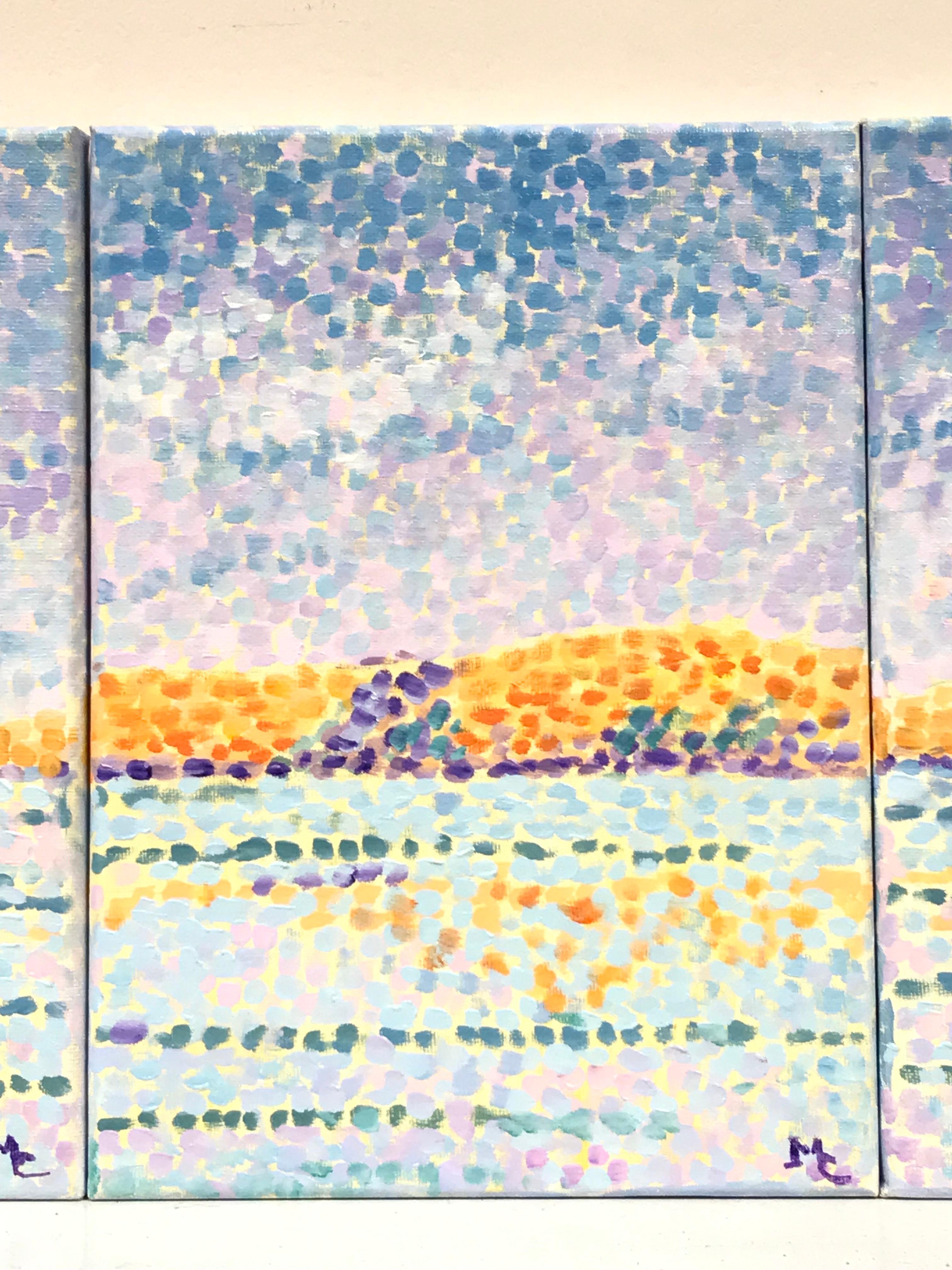 Peinture à l'huile impressionniste française aux couleurs vives et colorées - Ensemble de 3 paysages marins - Gris Landscape Painting par Maggy Clarysse