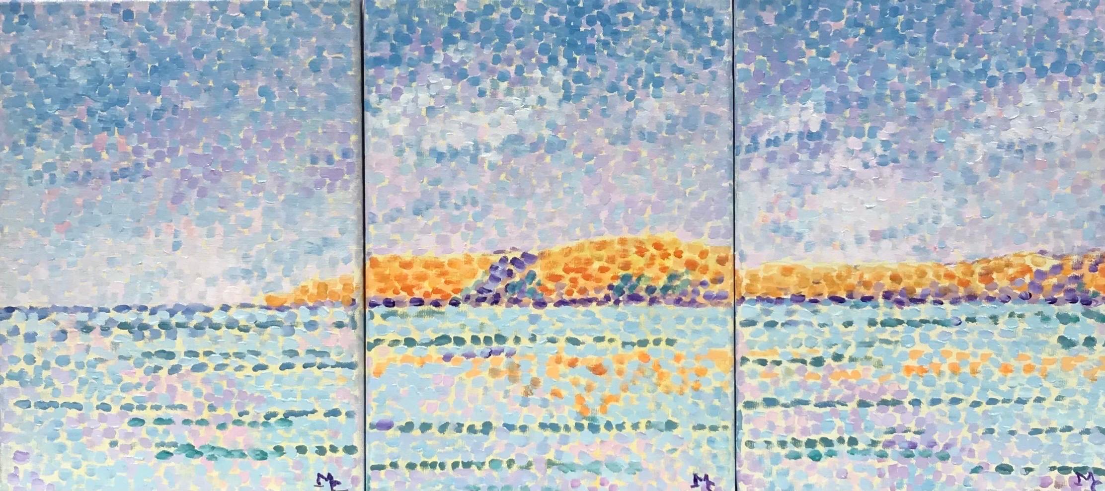 Landscape Painting Maggy Clarysse - Peinture à l'huile impressionniste française aux couleurs vives et colorées - Ensemble de 3 paysages marins