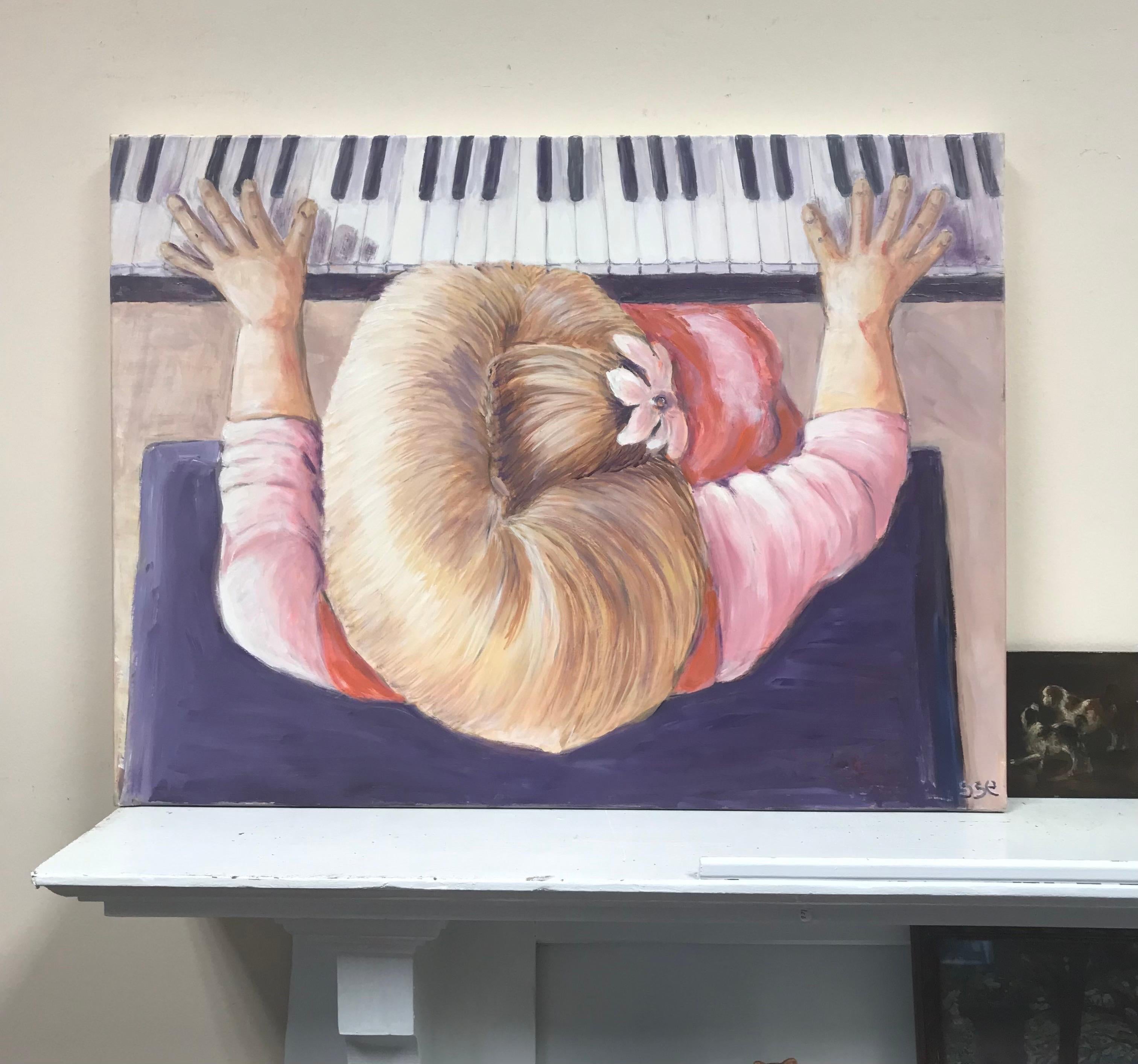 Großes Ölgemälde „ Lady in Pink spielt Klavier“ auf Leinwand – Painting von Maggy Clarysse