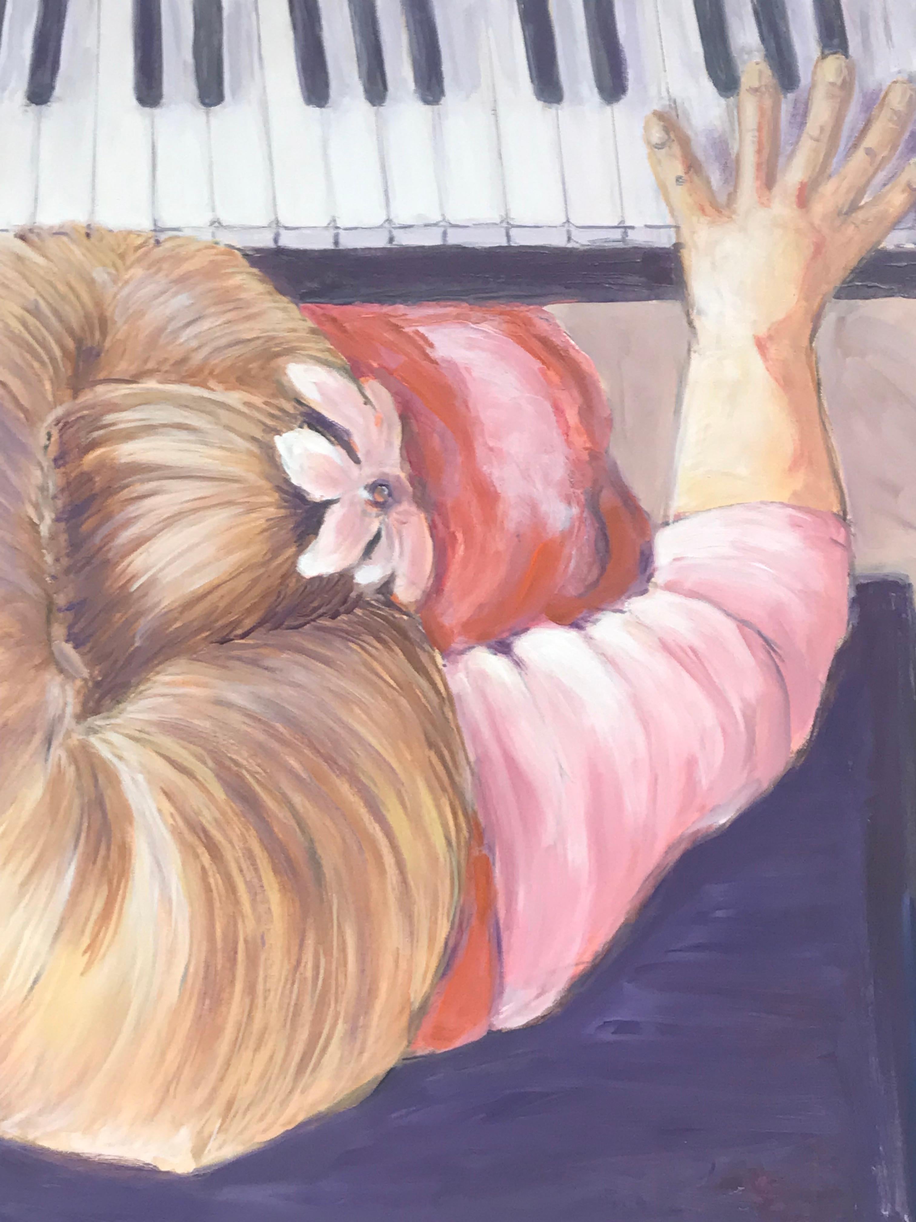 Großes Ölgemälde „ Lady in Pink spielt Klavier“ auf Leinwand (Impressionismus), Painting, von Maggy Clarysse