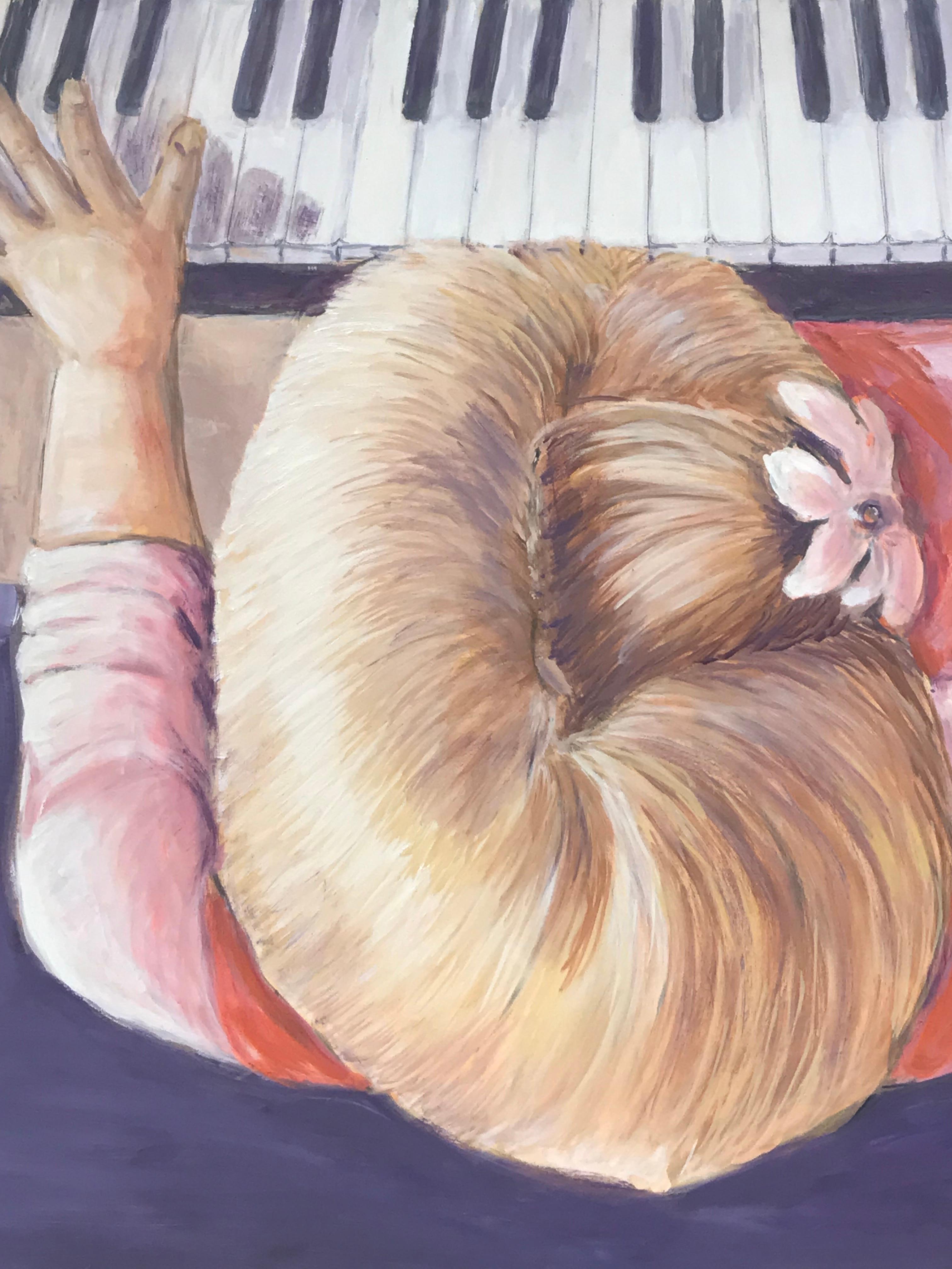 Großes Ölgemälde „ Lady in Pink spielt Klavier“ auf Leinwand (Beige), Portrait Painting, von Maggy Clarysse