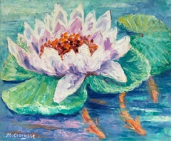 Leuchtend und farbenfrohes französisches impressionistisches Ölgemälde - Wasser Lilie auf Lilienblatt