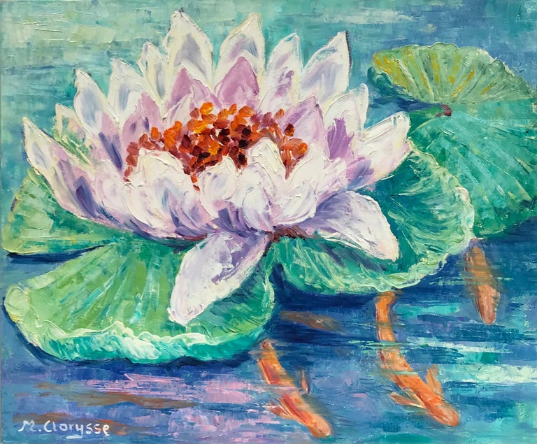 Maggy Clarysse - Bright and Colorful French Impressionist Oil Painting-  Water Lily on lily pad For Sale at 1stDibs | lilypad painting, lily pads  painting, impressionism lily pads
