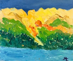 Bright & Colorful French Impressionist Oil Painting- Yellow Mountains Over Sea