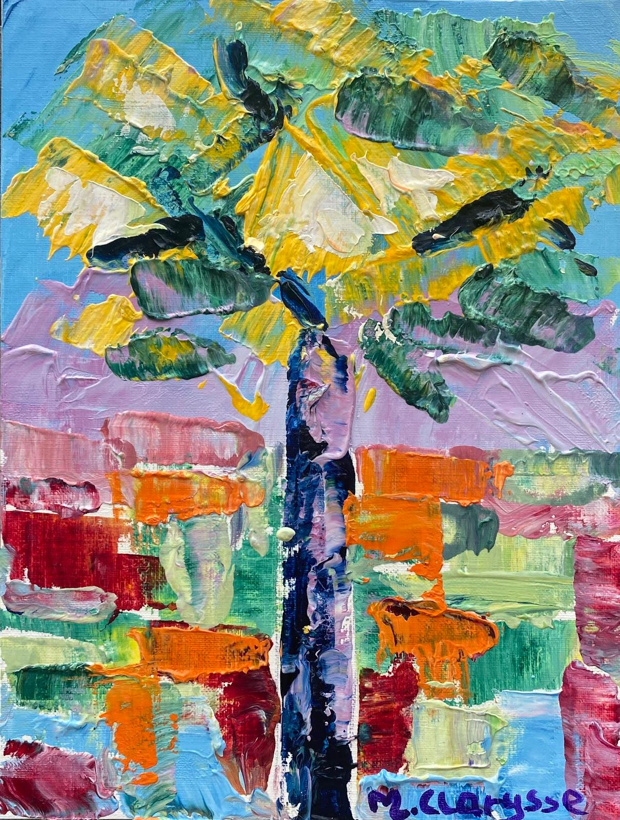 Maggy Clarysse Abstract Painting - Bright & Colorful French Landscape Impressionist Oil Painting Palm Tree