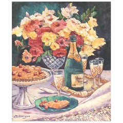Colorful Champagne Picnic Oil Painting, Impressionist Style, Signed