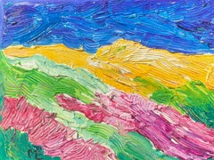 Peinture à l'huile impressionniste française colorée - Paysage rose, vert et jaune
