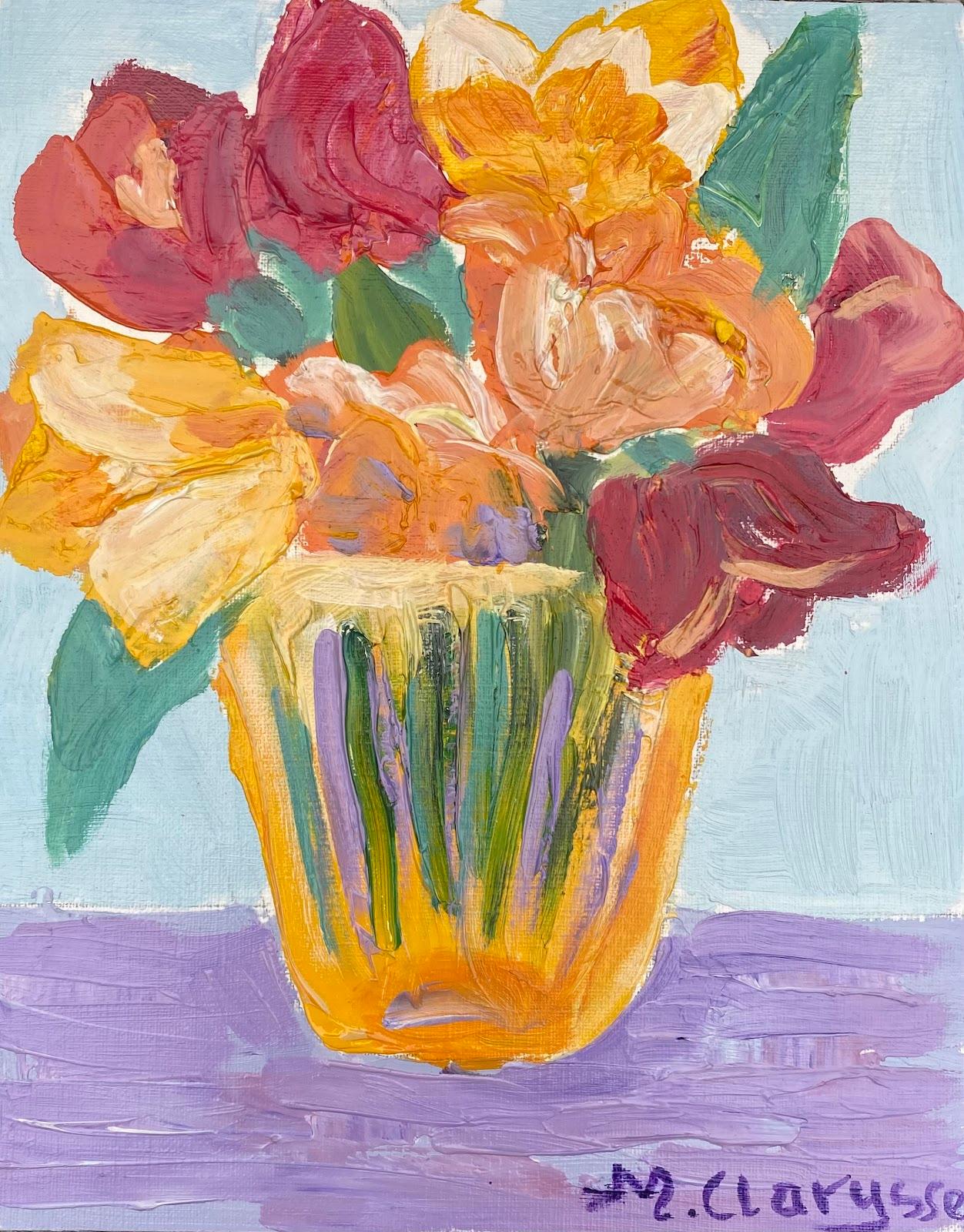 Abstract Painting Maggy Clarysse - Peinture à l'huile impressionniste française colorée représentant des fleurs rouges et orange dans un vase