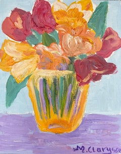 Peinture à l'huile impressionniste française colorée représentant des fleurs rouges et orange dans un vase