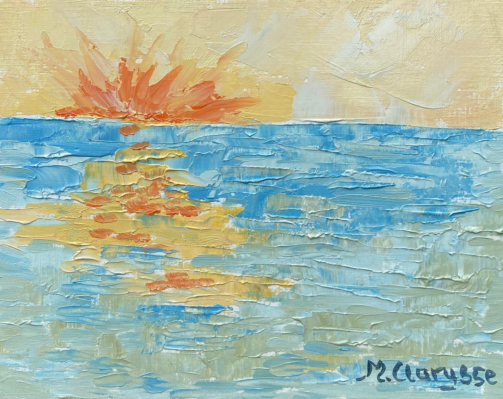 Peinture à l'huile impressionniste française - Paysage coloré - Jeune coucher de soleil au-dessus de la mer 