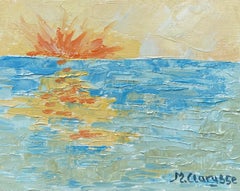 Buntes impressionistisches Ölgemälde einer französischen Landschaft mit Sonnenuntergang über dem Meer 