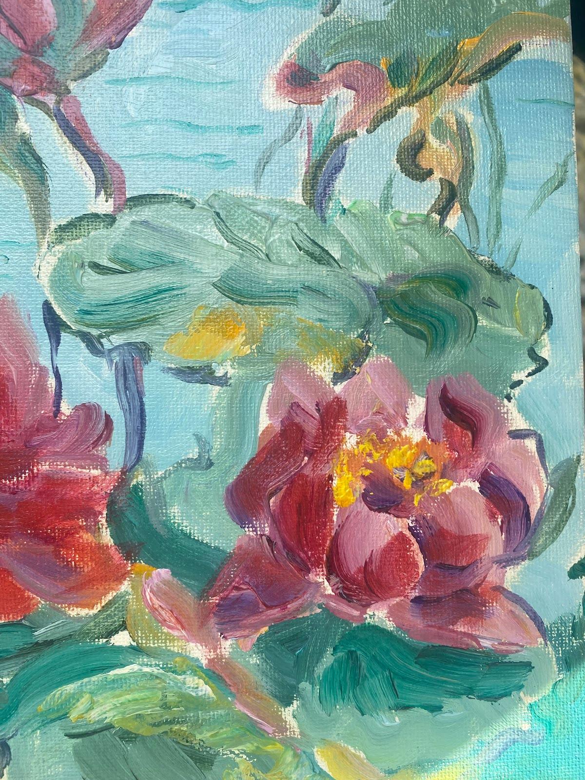Colourful French Impressionist Oil Painting Pink Waterlilies For Sale 1