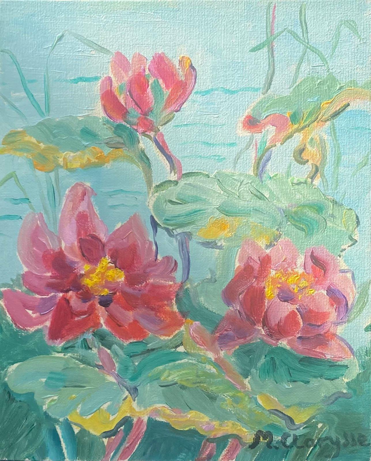 Maggy Clarysse Landscape Painting - Colourful French Impressionist Oil Painting Pink Waterlilies