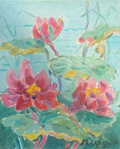 Colourful French Impressionist Oil Painting Pink Waterlilies
