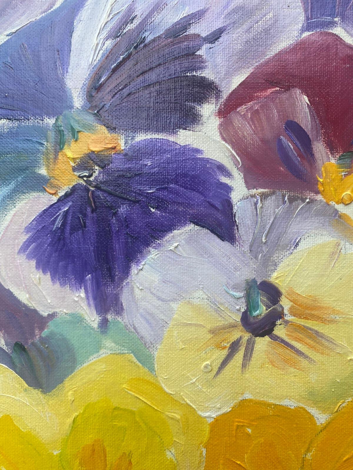 Colourful French Impressionist Oil Painting Purple and Yellow Pansies For Sale 1