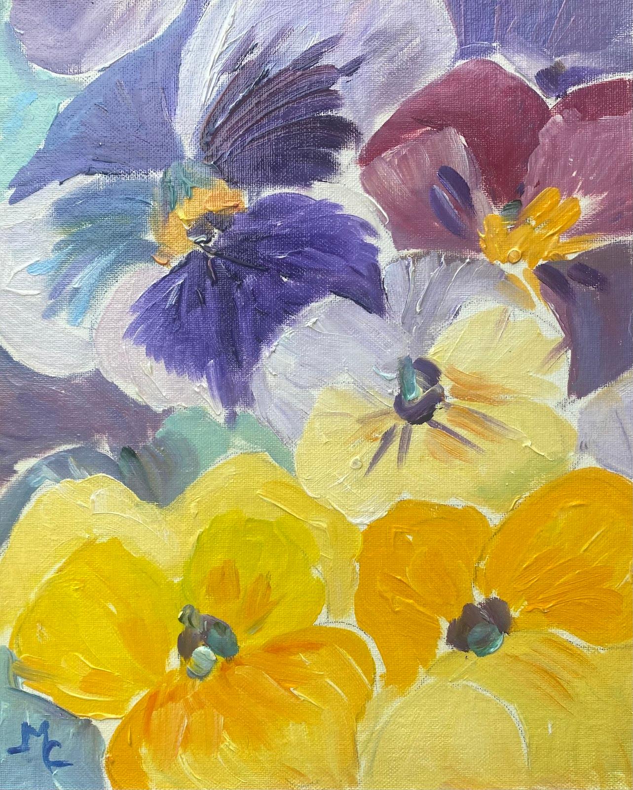 Maggy Clarysse Still-Life Painting - Colourful French Impressionist Oil Painting Purple and Yellow Pansies