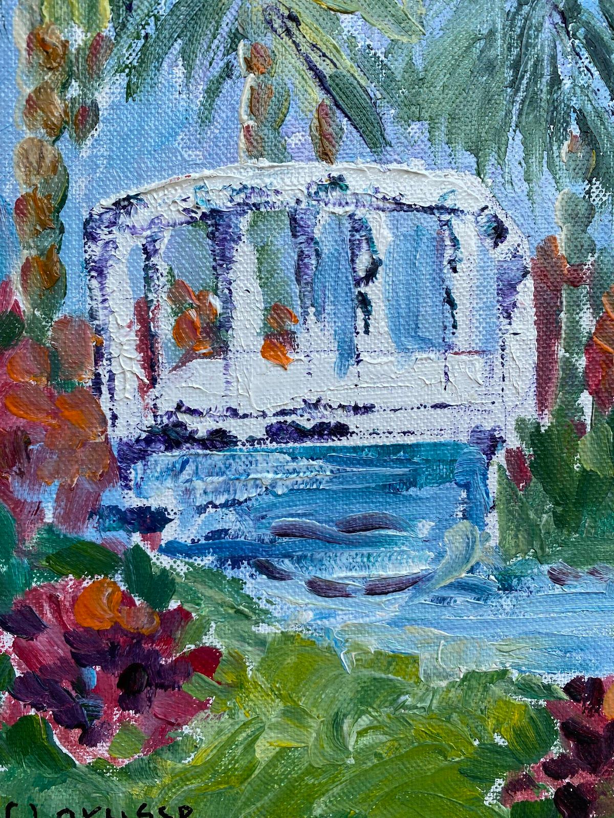 Pittura ad olio impressionista francese esotica Ponte e palme. - Painting di Maggy Clarysse