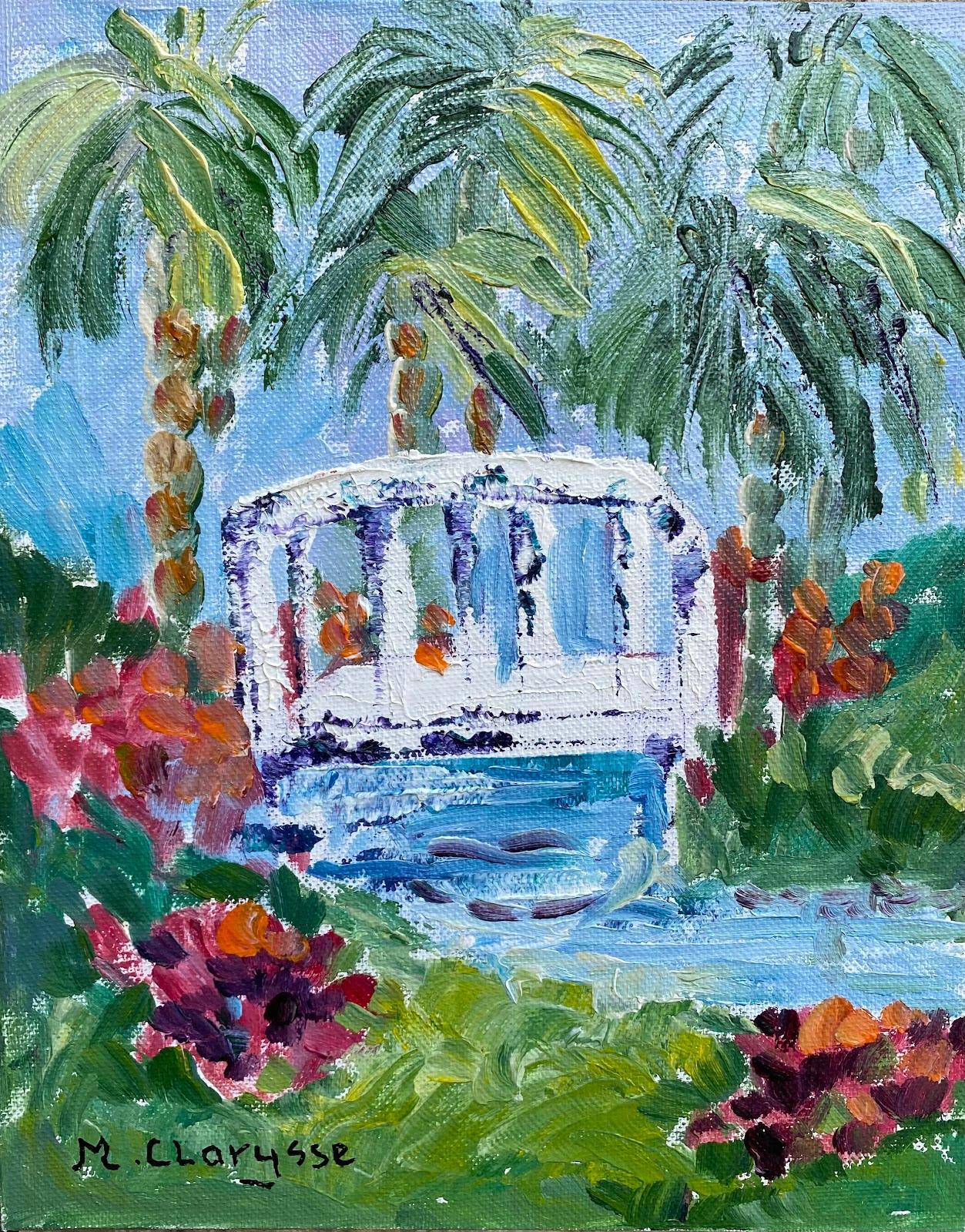 Maggy Clarysse Abstract Painting - Exotic French Impressionist Oil Painting Bridge and Palm Trees.