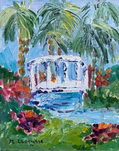 Exotic French Impressionist Oil Painting Bridge and Palm Trees.