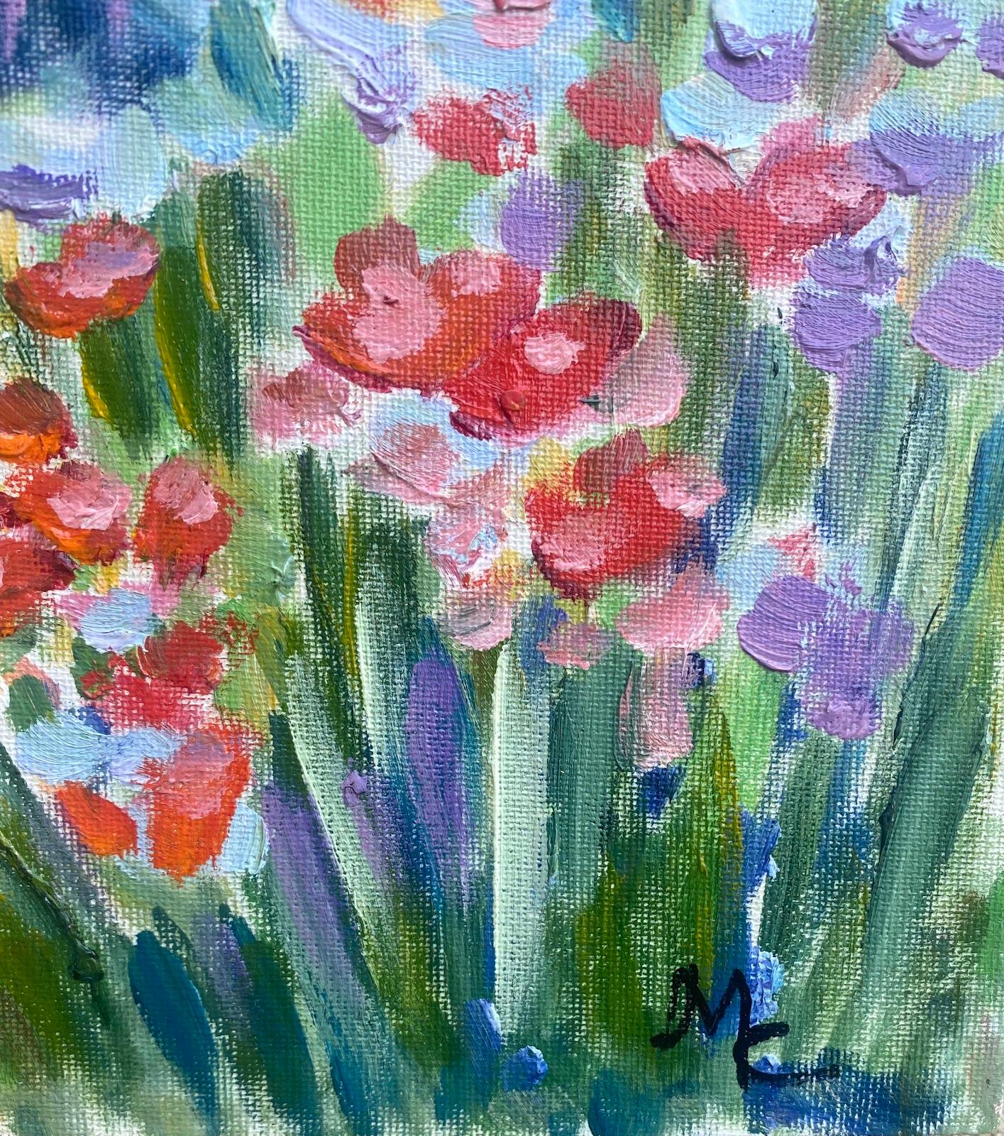 Quadro ad olio impressionista francese fiammeggiante Giardino del cortile - Painting di Maggy Clarysse