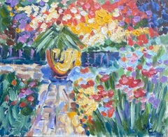 Peinture à l'huile impressionniste française d'un jardin de cour flamboyant 
