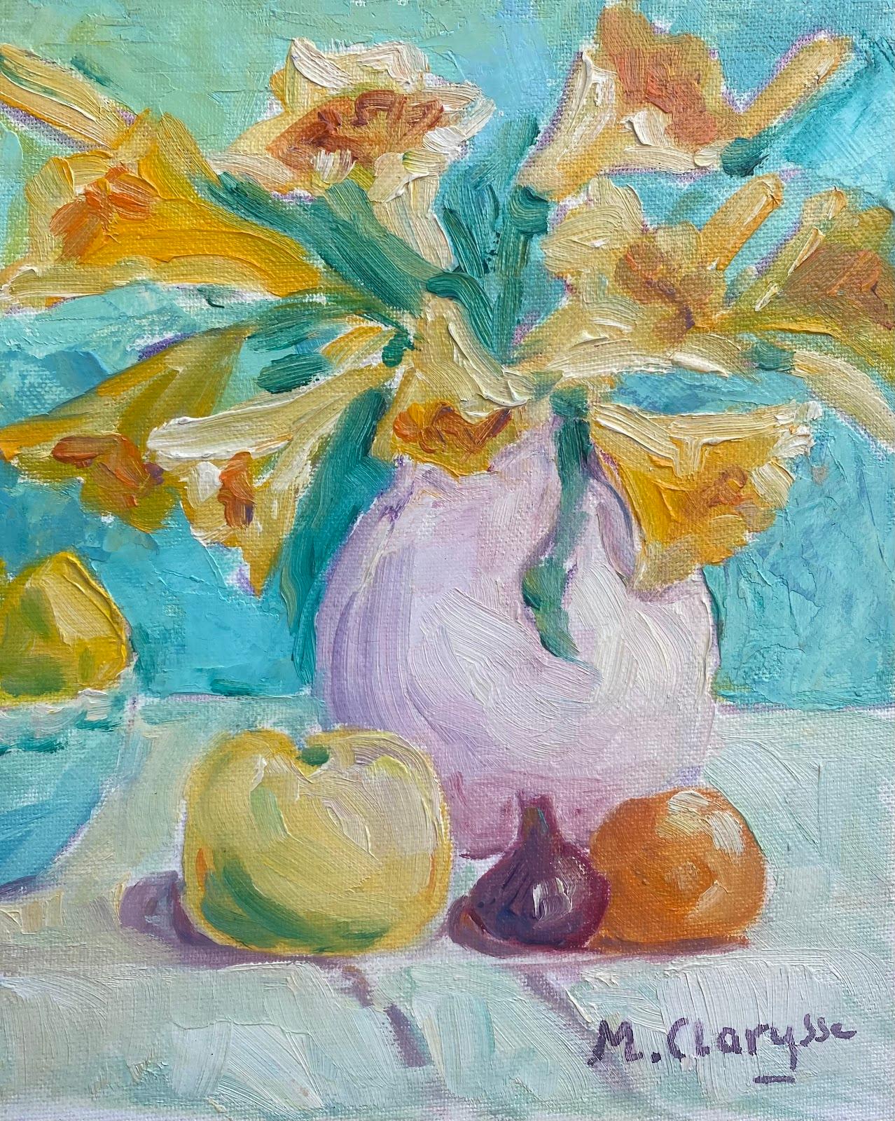 Peinture à l'huile impressionniste française - Nature morte de fleurs, de fruits et de cruches - Painting de Maggy Clarysse